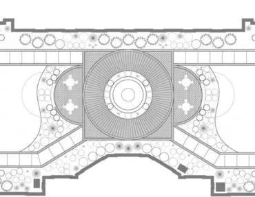 about3 Architectural plan of a landscaped garden with symmetrical layout.