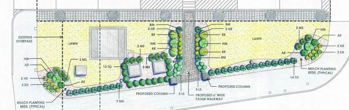 about5 Landscape design plan showing a proposed garden layout with labeled plant areas, walkways, and structural elements.