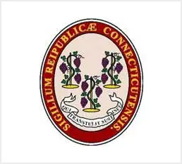 The seal of connecticut, featuring three grapevines and a latin motto.