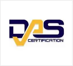 A stylized logo for das certification with blue and gold colors.