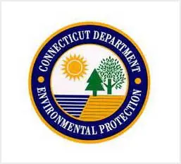 Emblem of the connecticut department of environmental protection featuring a sun, tree, and water design within a circular border.